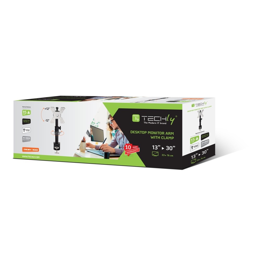 Techly Supporto da Scrivania per Monitor 13-30'' Braccio Corto Inclinabile Nero - ICA-LCD 500BK, Max 15kg, Altezza Regolabile, Inclinazione /-12°