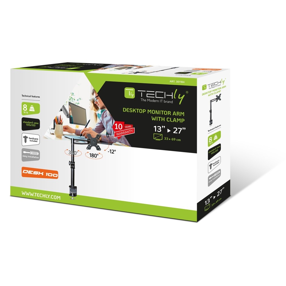 Techly Supporto da scrivania per Monitor 13-27'' Braccio Medio Inclinabile - VESA 75x75 e 100x100 mm, Max 8 kg, Altezza Regolabile 238-394 mm
