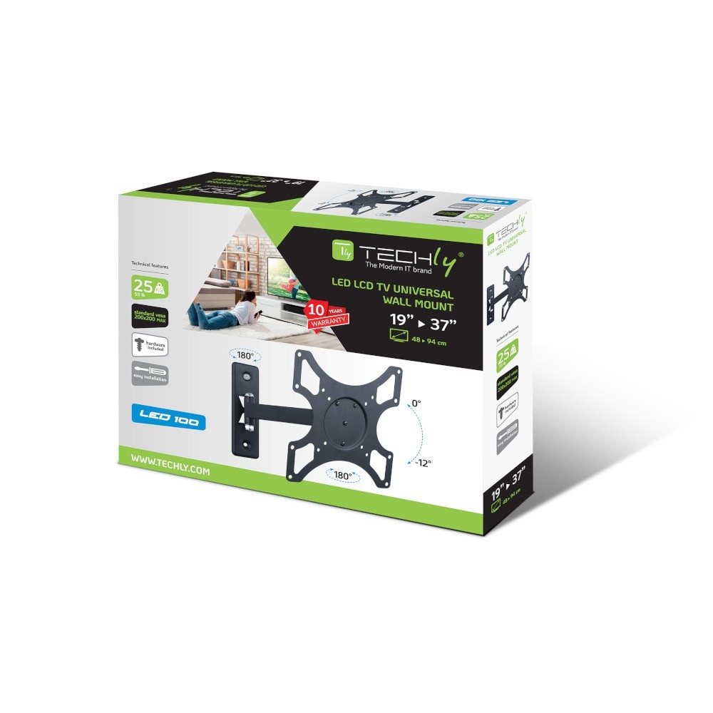 Techly Supporto a muro per TV LED LCD 19 - 37'' inclinabile con 2 snodi, capacità di carico 25 kg, supporto VESA nero