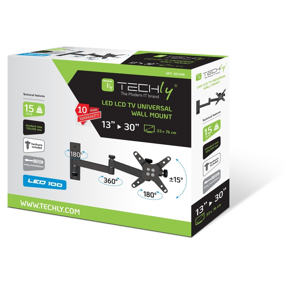 Techly Supporto a muro per TV LED LCD 13-30'' Inclinabile 3 Snodi Nero - VESA 75x75 e 100x100 mm, Max 15 kg, Inclinazione /-15°, Orientamento 180°