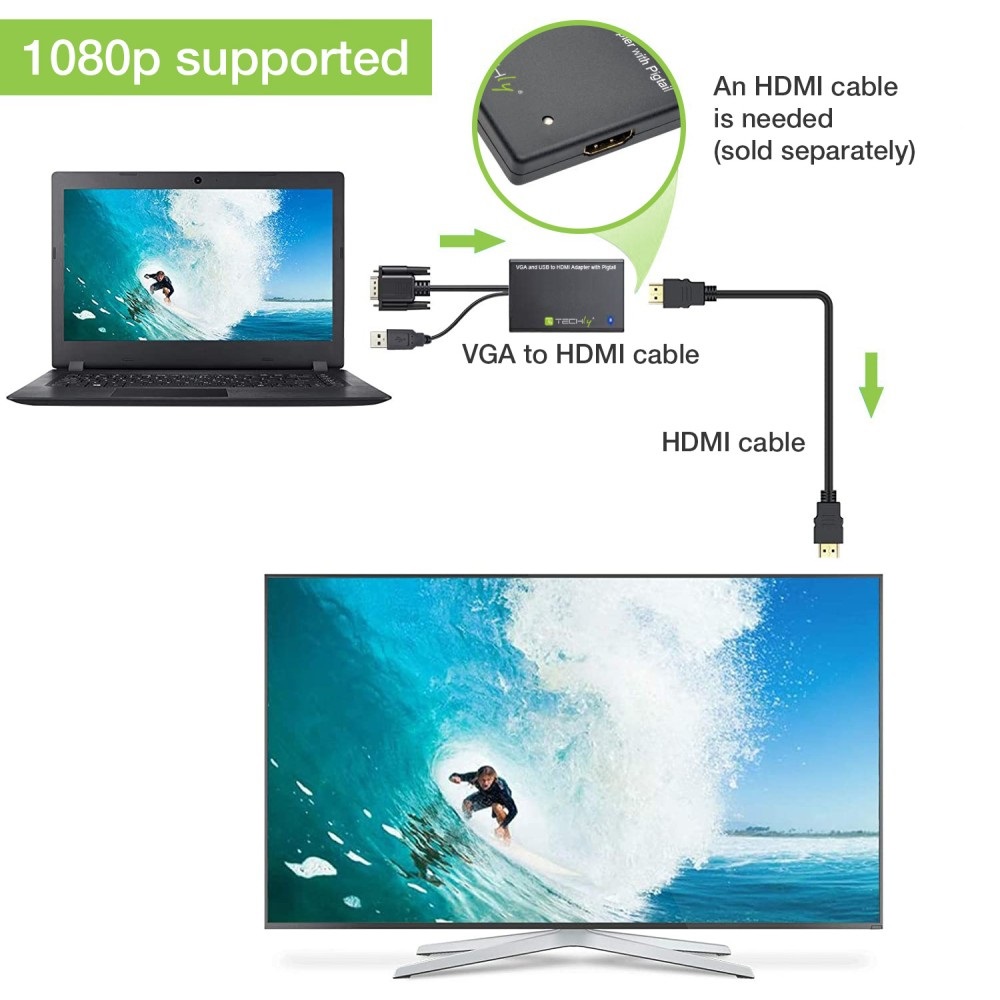 TECHLY Adattatore Convertitore VGA a HDMI con Supporto Audio via USB - Modello IDATA HDMI-VGA3