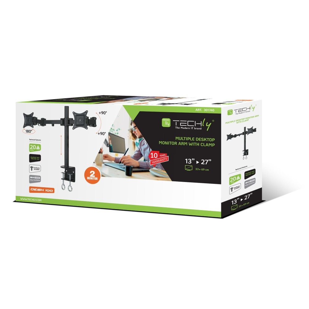 Techly 301740 Supporto da Scrivania per 2 Monitor 13-27'' con Morsetto a C, Altezza Regolabile, Diametro 48 mm, Nero