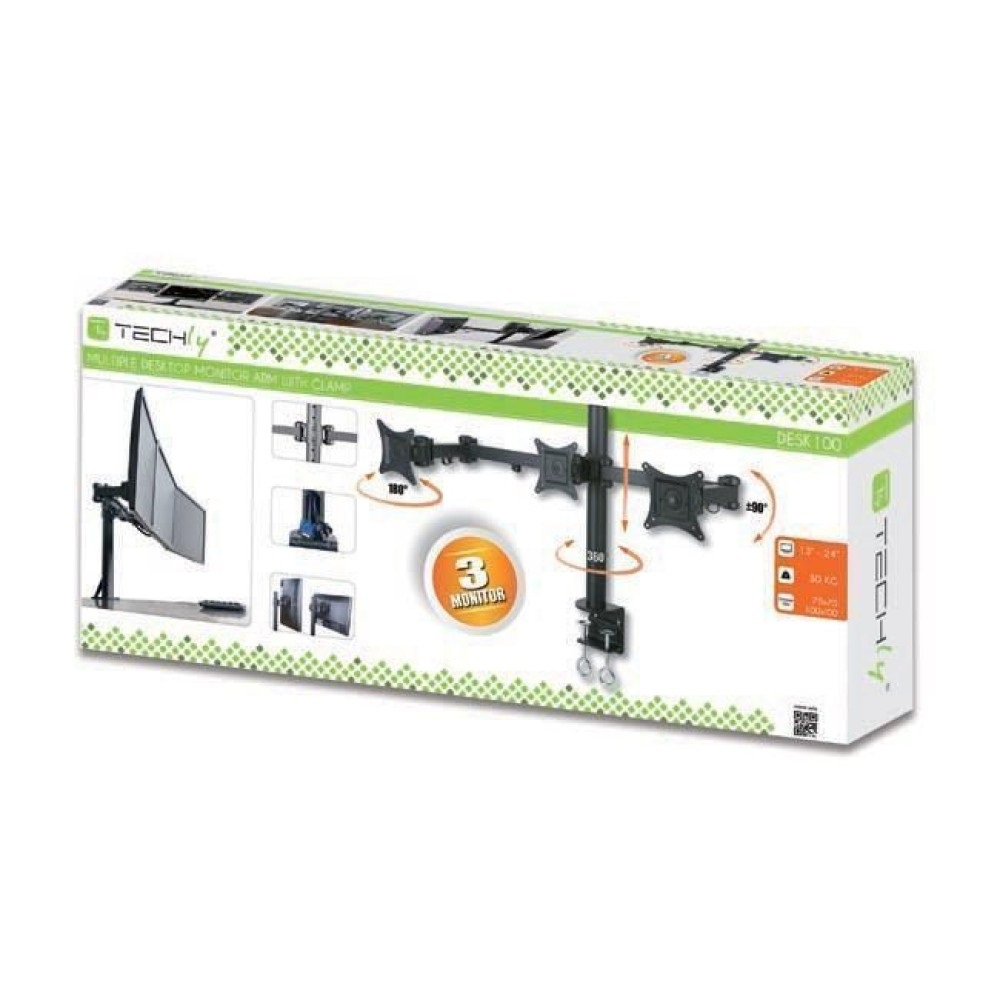 Techly Supporto da scrivania per 3 Monitor 13-24'' con morsetto - Portata max 30kg, regolabile in altezza e inclinazione