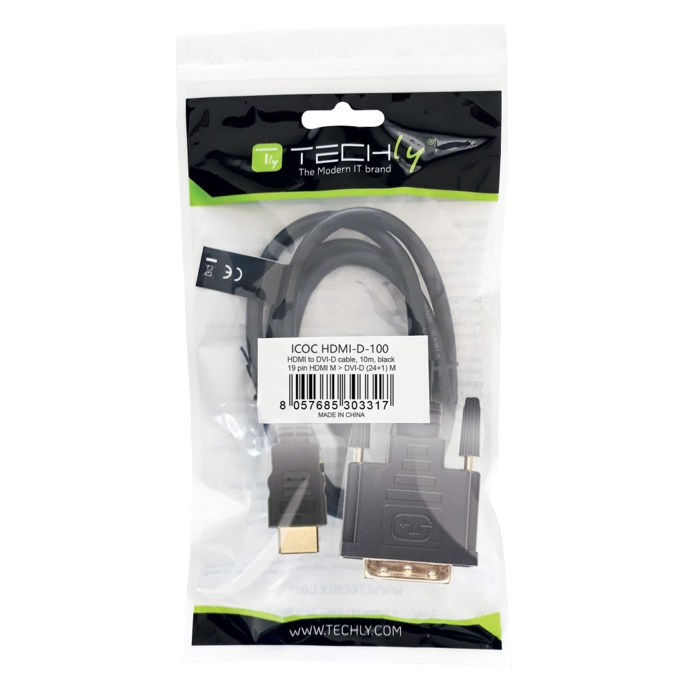 Techly Cavo Video HDMI a DVI-D M/M 10,0 m - Contatti in Oro, Schermato, Supporto HD