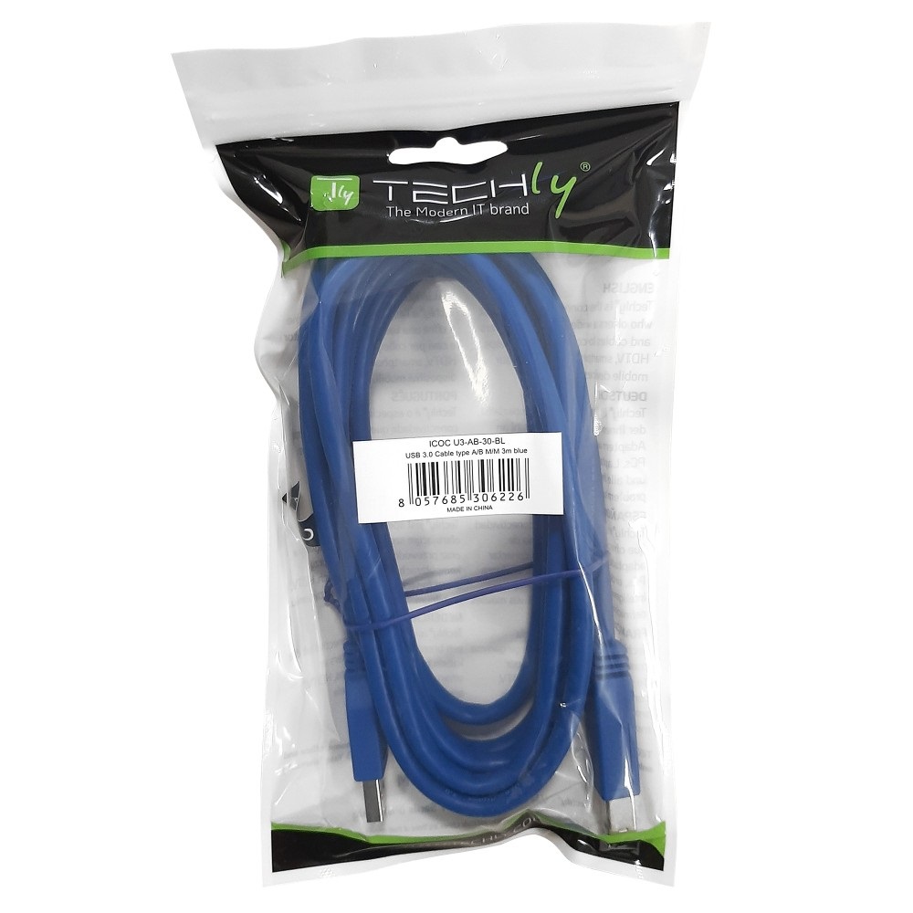 Techly Cavo USB 3.0/3.2 Superspeed A Maschio/B Maschio 2 m Blu - Velocità fino a 5 Gbps