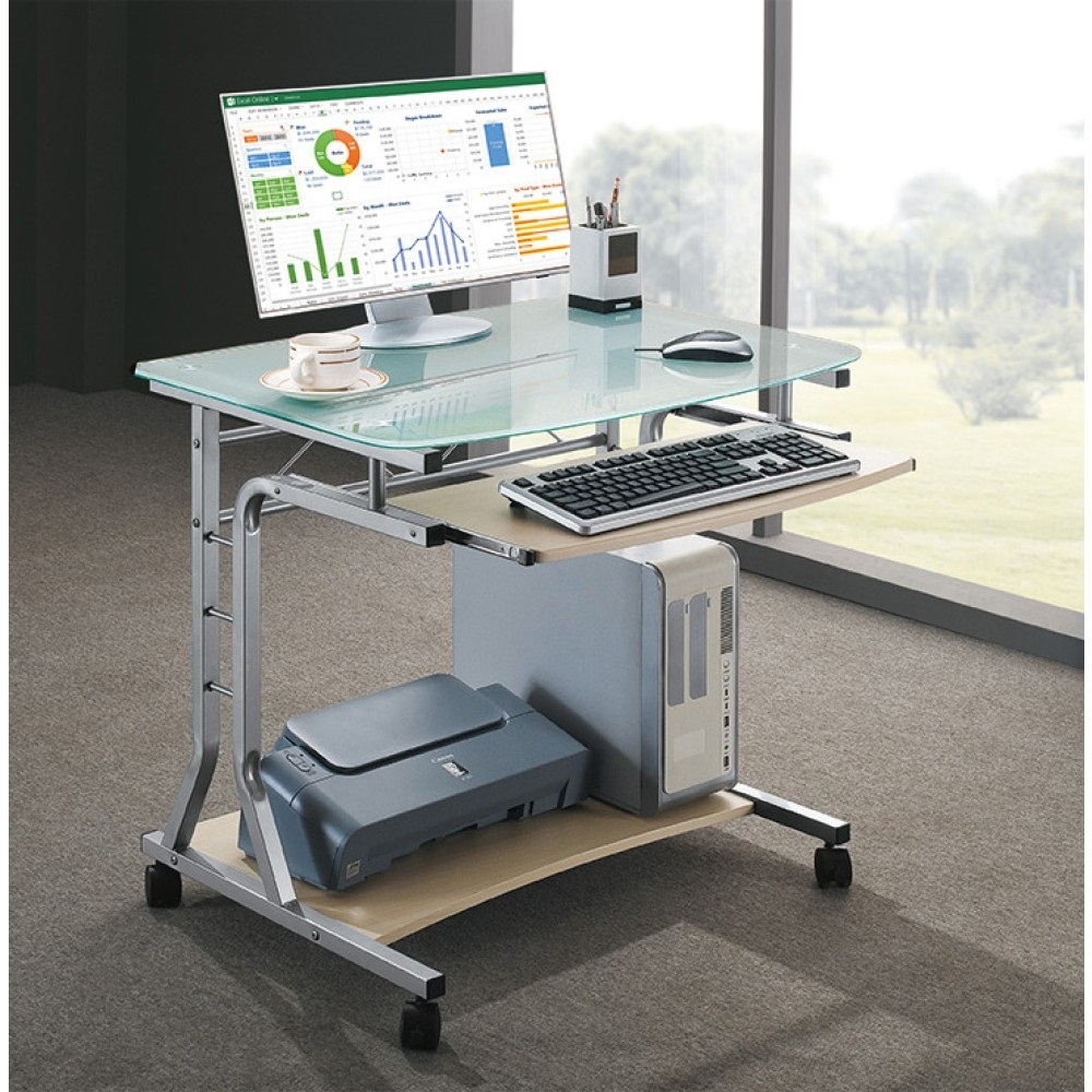 TECHLY ICA-TB 3791A - Scrivania per PC Compatta in Metallo e Vetro con Ruote, Design Moderno e Ripiano in Vetro Satinato Temperato