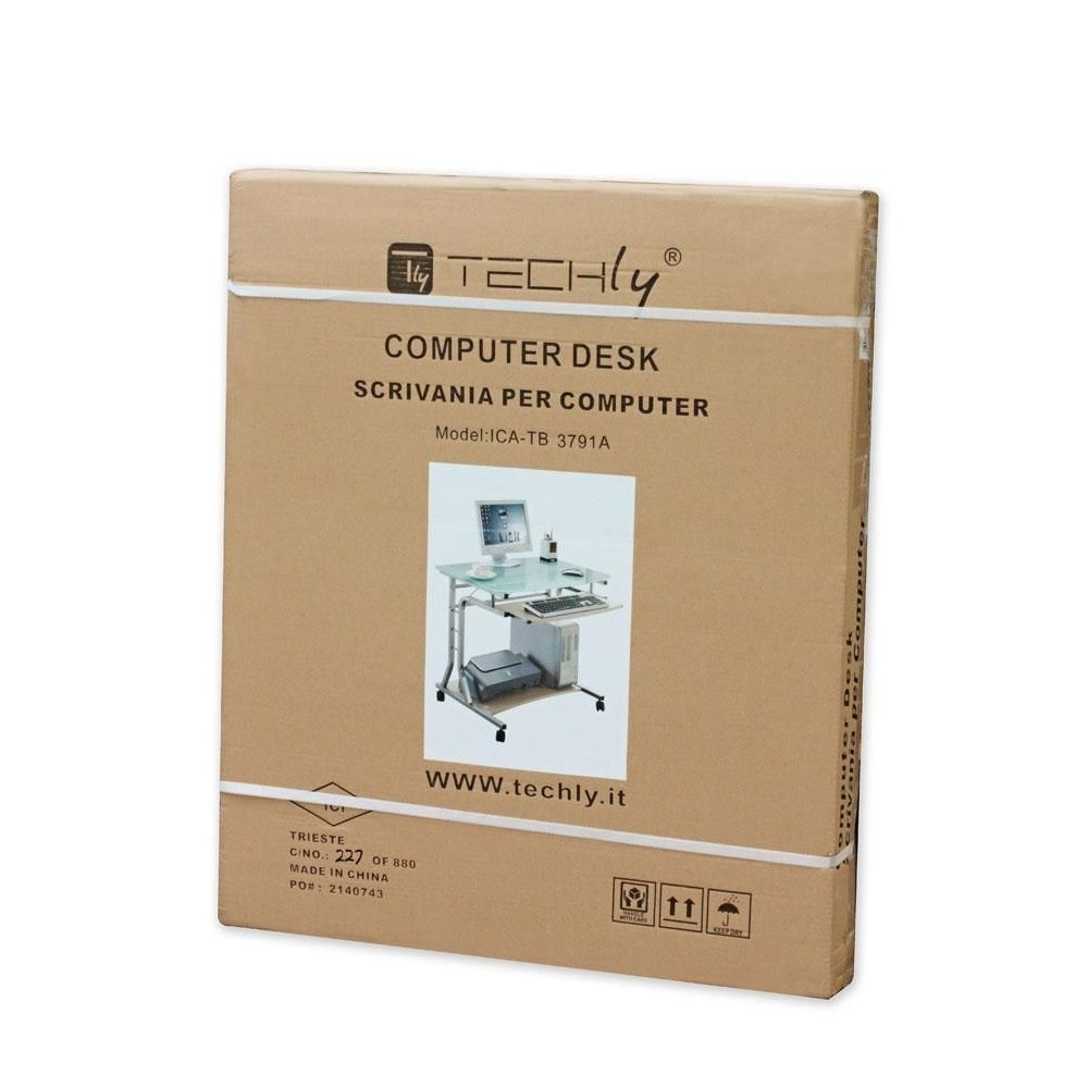 TECHLY ICA-TB 3791A - Scrivania per PC Compatta in Metallo e Vetro con Ruote, Design Moderno e Ripiano in Vetro Satinato Temperato
