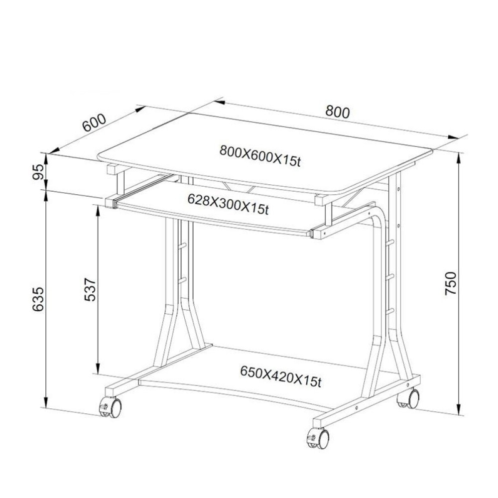 TECHLY ICA-TB 3791A - Scrivania per PC Compatta in Metallo e Vetro con Ruote, Design Moderno e Ripiano in Vetro Satinato Temperato