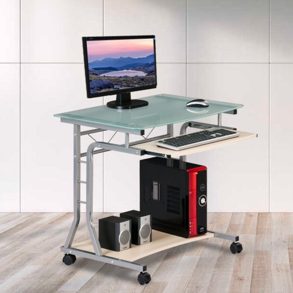 TECHLY ICA-TB 3791A - Scrivania per PC Compatta in Metallo e Vetro con Ruote, Design Moderno e Ripiano in Vetro Satinato Temperato
