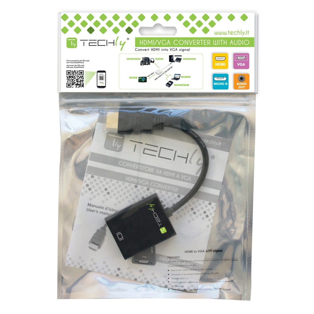 Techly IDATA HDMI-VGA2AU Adattatore HDMI a VGA con Audio e Micro USB, 0,15 m, Risoluzione 1920x1080