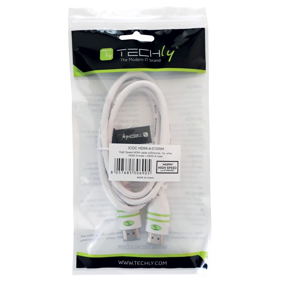 Techly Cavo HDMI High Speed con Ethernet 3m A/A M/M Bianco - Risoluzione 4K e Compatibilità 3D