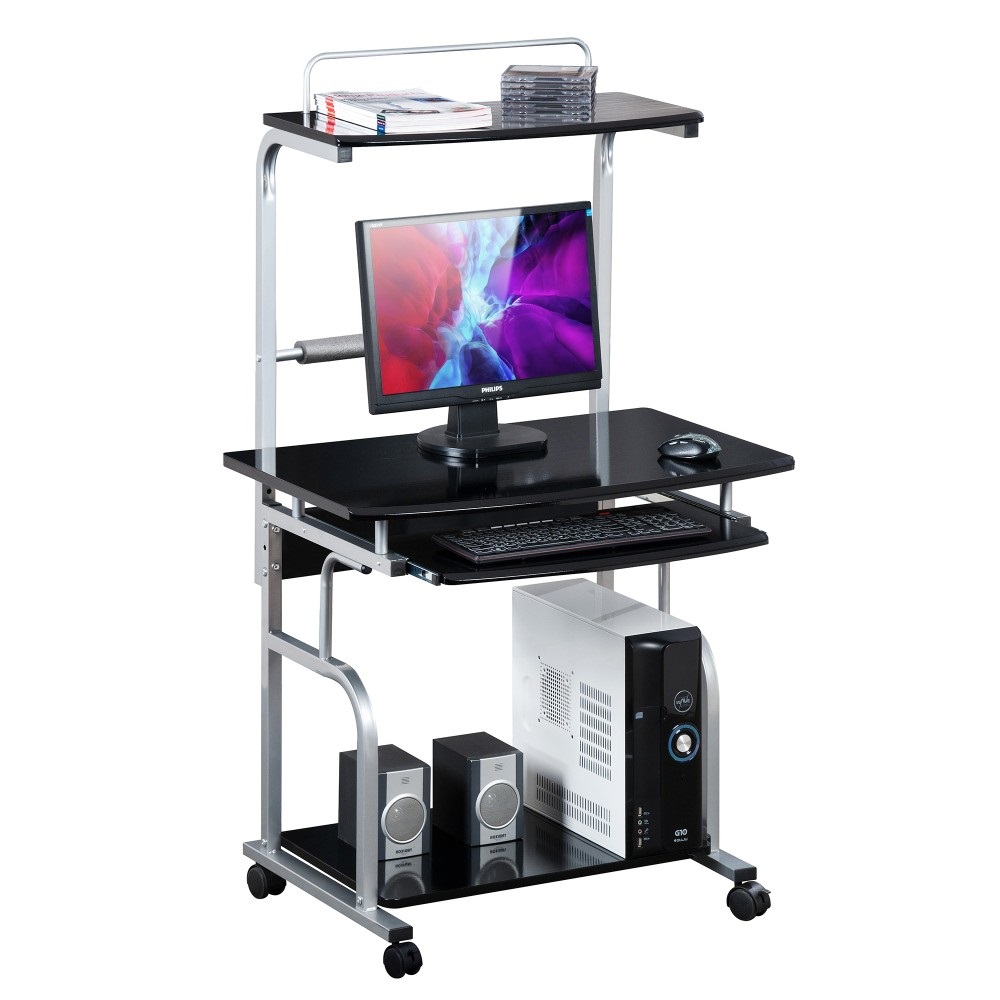 Techly Scrivania Mobile per Computer Compatta Multifunzione con Porta Tastiera Estraibile, Nero Lucido - Struttura in Metallo con Ruote e Quattro Ripiani