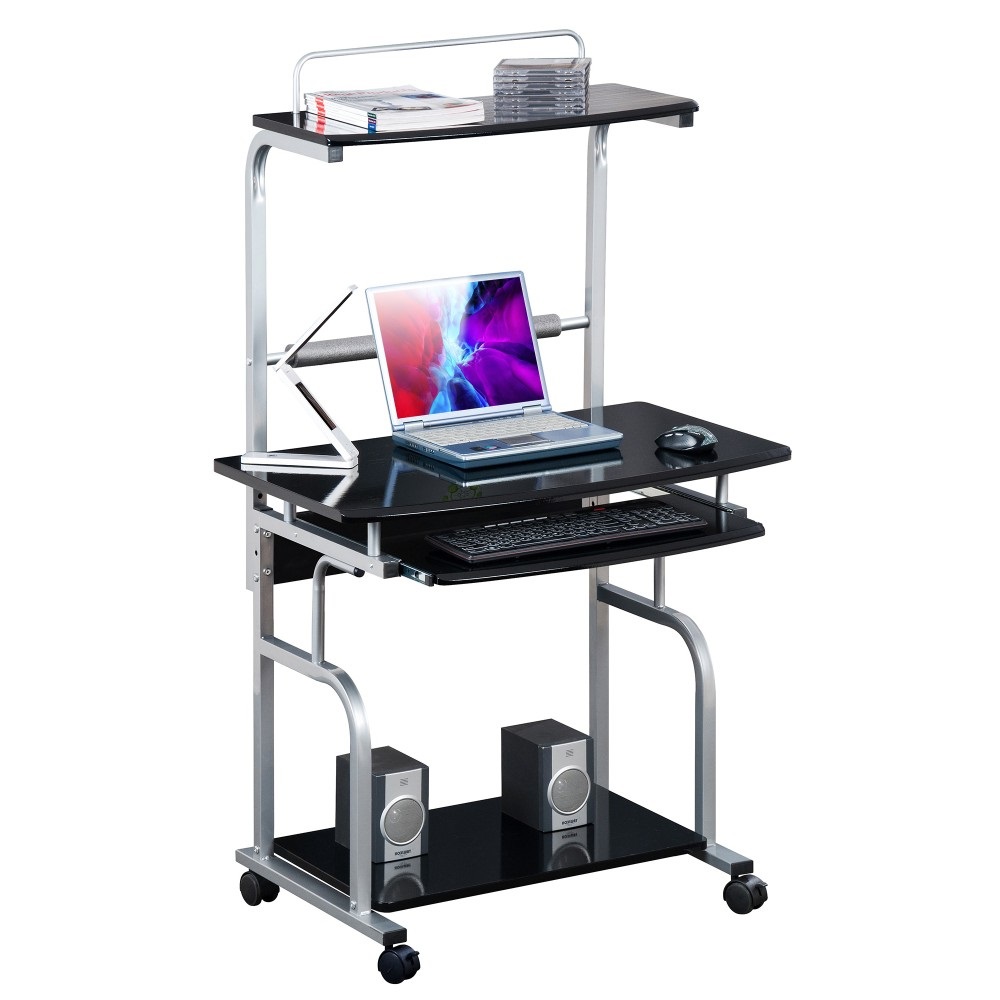 Techly Scrivania Mobile per Computer Compatta Multifunzione con Porta Tastiera Estraibile, Nero Lucido - Struttura in Metallo con Ruote e Quattro Ripiani