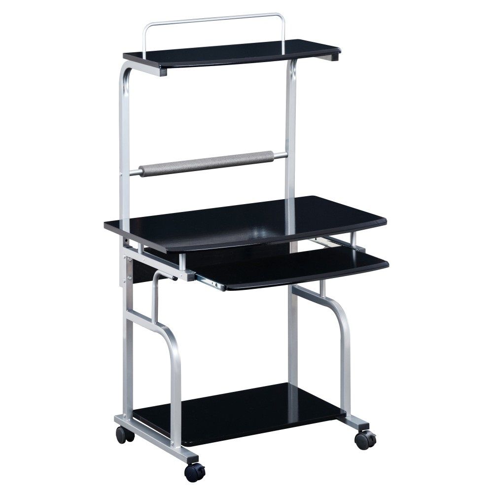 Techly Scrivania Mobile per Computer Compatta Multifunzione con Porta Tastiera Estraibile, Nero Lucido - Struttura in Metallo con Ruote e Quattro Ripiani