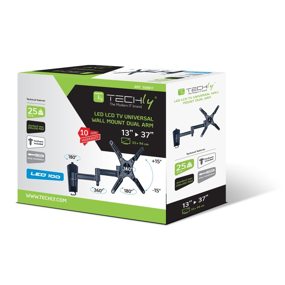 Techly Supporto a Muro per TV LED LCD 13-37'' Inclinabile 3 Snodi Nero - VESA 75x75, 100x100, 200x100, 200x200 mm, Max 25 kg