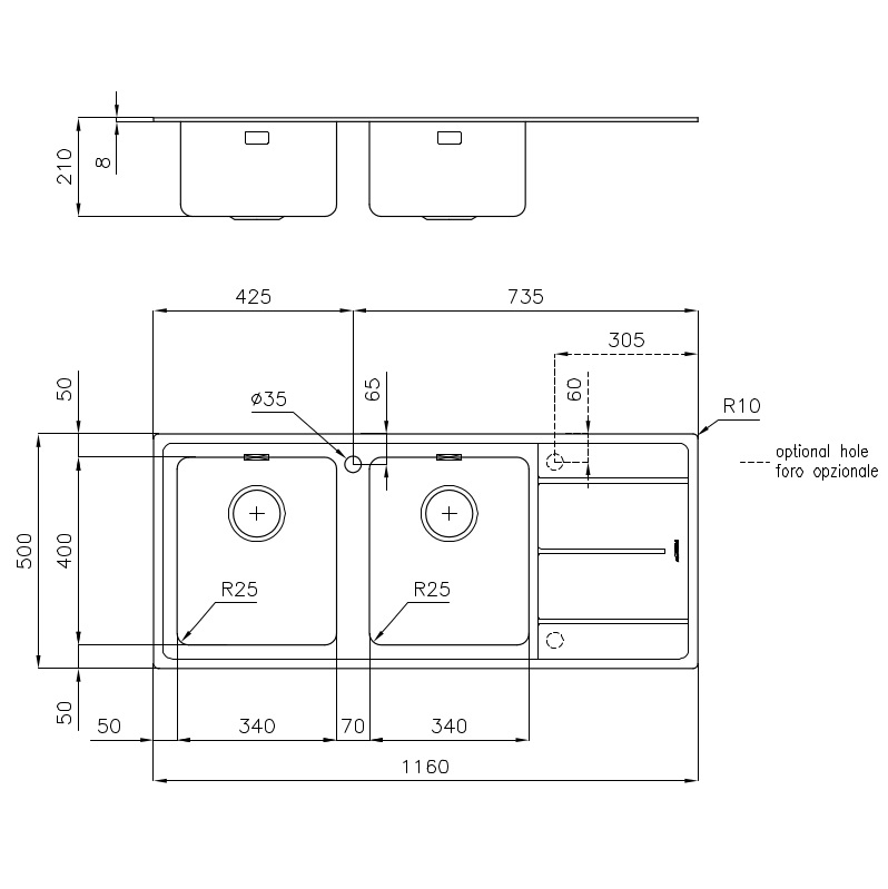 Foster Lavello Cucina 2 Vasche con Gocciolatoio a Destra 1160 x 500 mm Acciaio Inox AISI 304 Finitura Spazzolato