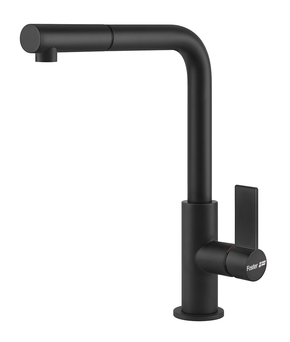 Foster Miscelatore Omega Plus Matt Black - Monocomando con Doccetta Estraibile, Canna Girevole 360°, Ottone