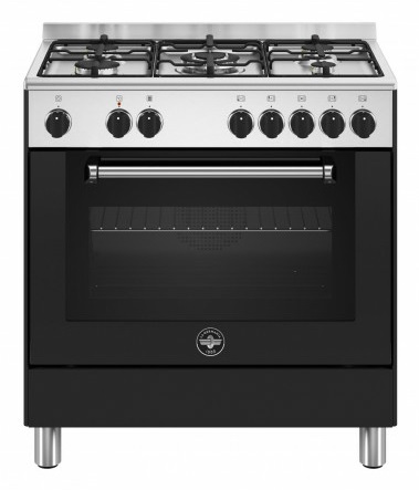 Bertazzoni La Germania Americana AMN855ENEV/24 Cucina 80 cm, 5 Fuochi a Gas, Forno Elettrico Singolo, Colore Nero e Acciaio Inox