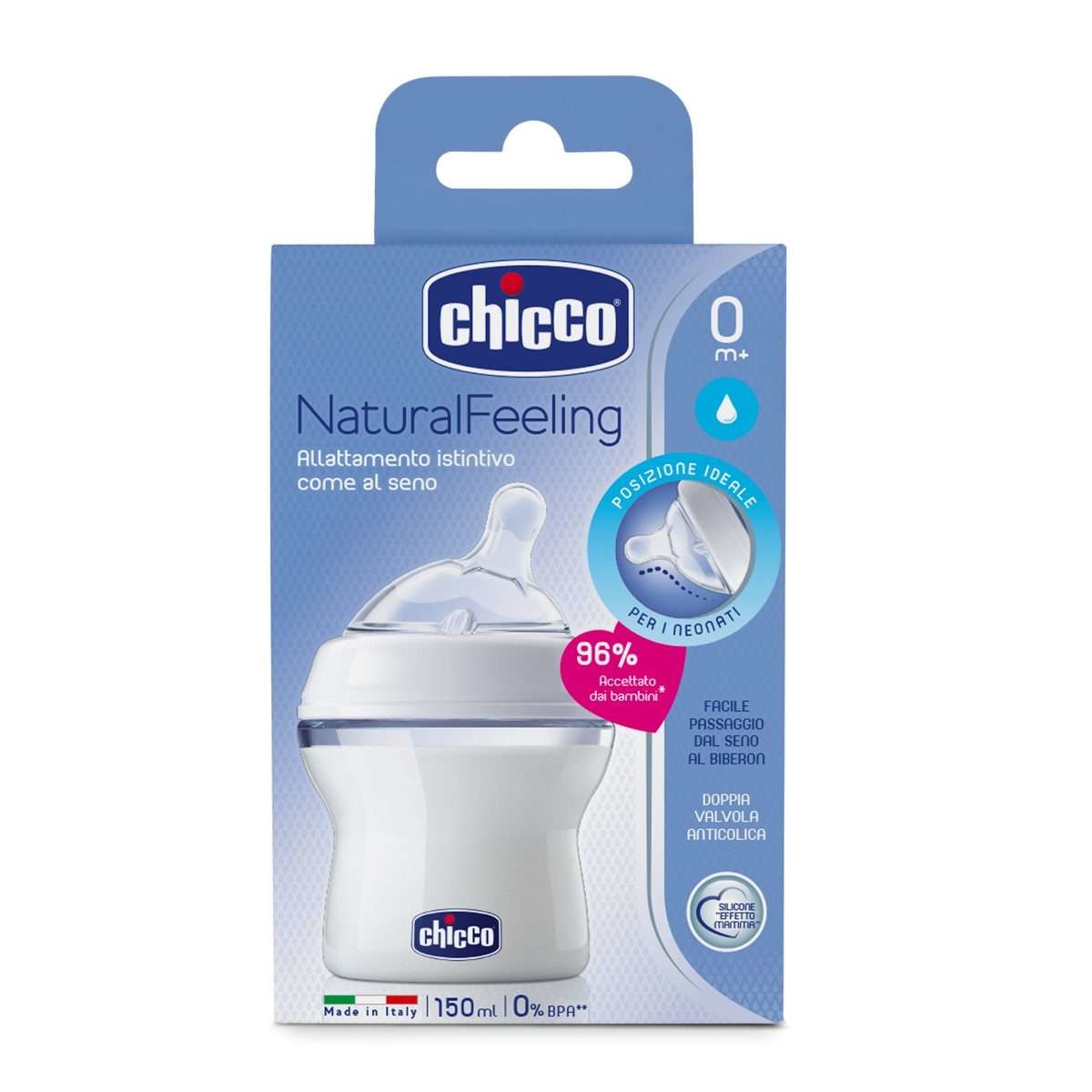 Chicco NaturalFeeling Biberon Anticoliche 150 ml 0 Mesi con Tettarella Inclinata in Silicone