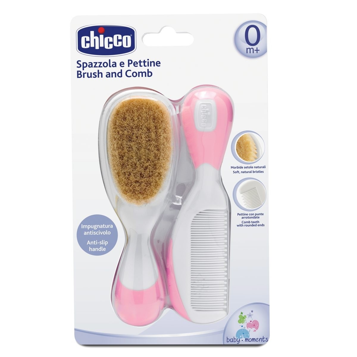Chicco Spazzola e Pettine Rosa - Set con Setole Naturali e Punte Arrotondate, Ideale per Neonati 0 Mesi