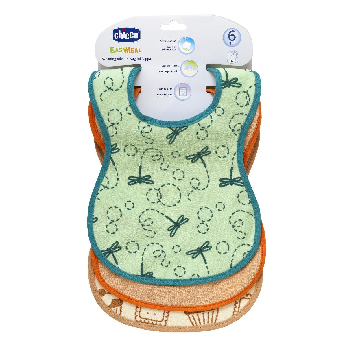 CHICCO Bavaglini Pappa 6 Mesi - Cotone Morbido e Retro Impermeabile, Forma Ergonomica