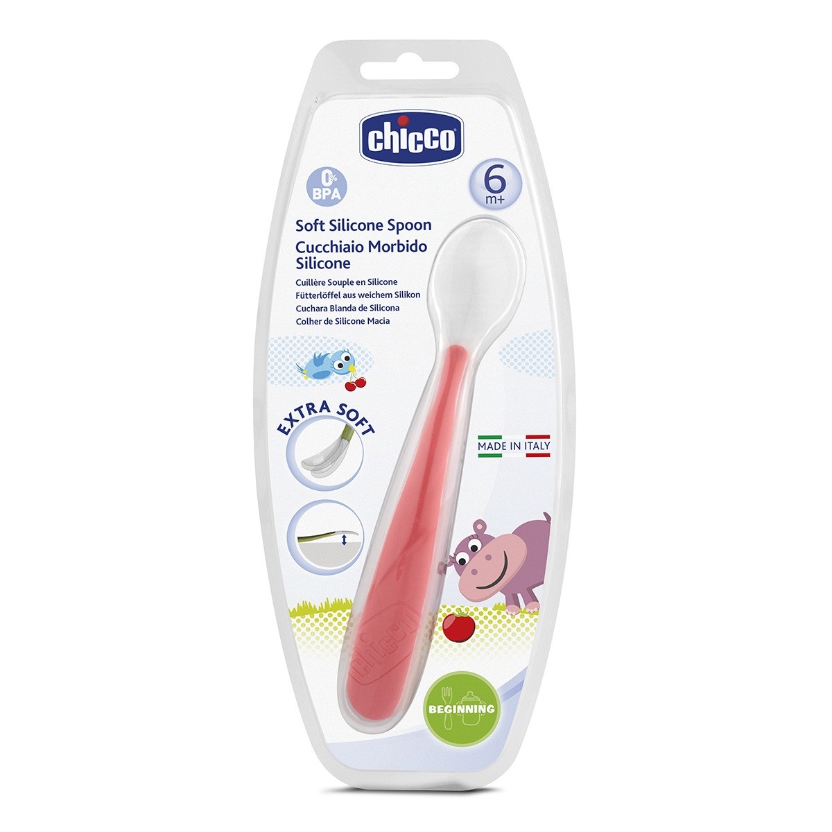 Chicco Cucchiaio Morbido in Silicone Rosso 6M - Delicato per le Gengive, Ergonomico e Facile da Usare