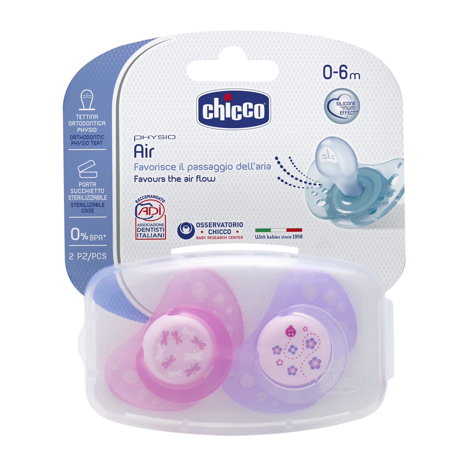 Chicco Succhietto Air Girl Silicone 0-6 Mesi 2 Pezzi - Massima Areazione e Tettina Attiva