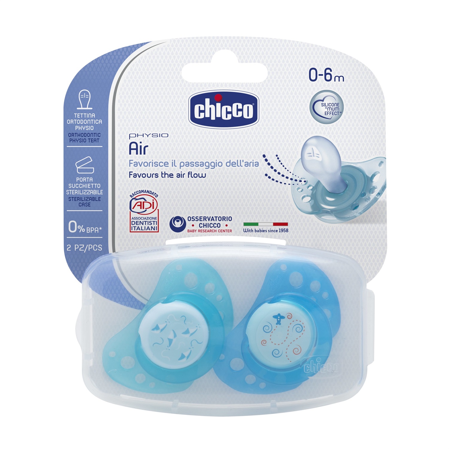 Chicco Succhietto Physio Air in Silicone 0-6 Mesi, 2 Pezzi - Tettina Attiva e Massima Areazione