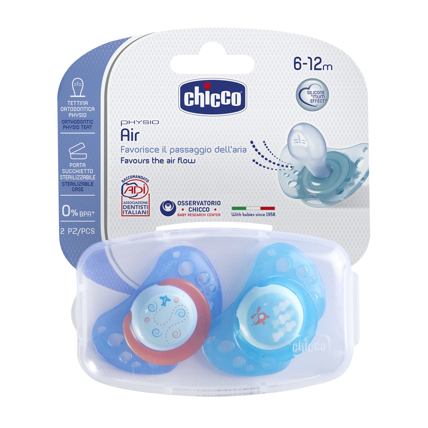 Chicco Succhietto Air Boy in Silicone 6-16 Mesi - Confezione da 2 Pezzi
