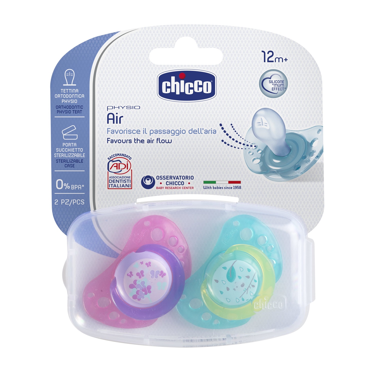 Chicco Succhietto Air Girl in Silicone 16-36 Mesi - Confezione da 2 Pezzi, Tettina Attiva e Massima Areazione