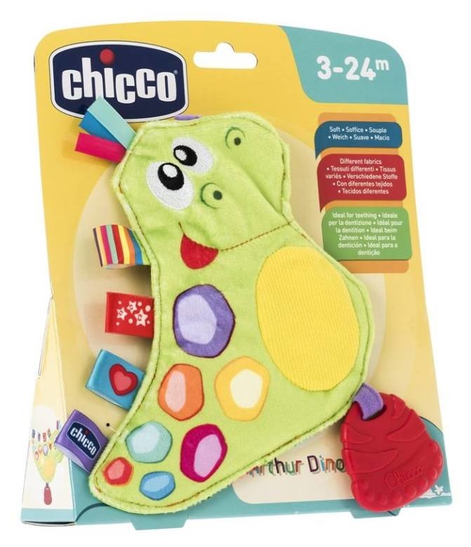 Chicco Gioco Arthur Dinosauro - Animaletto in Tessuto con Squeaker, Stimolazione Tattile, 3-24 Mesi