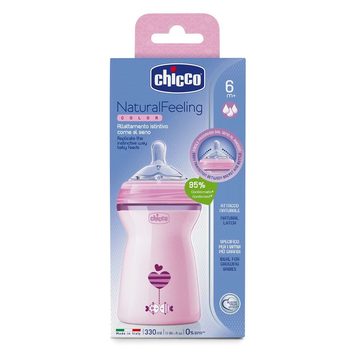 Chicco Biberon NaturalFeeling 330 ml Rosa 6m con Tettarella in Silicone Ultra-Morbido