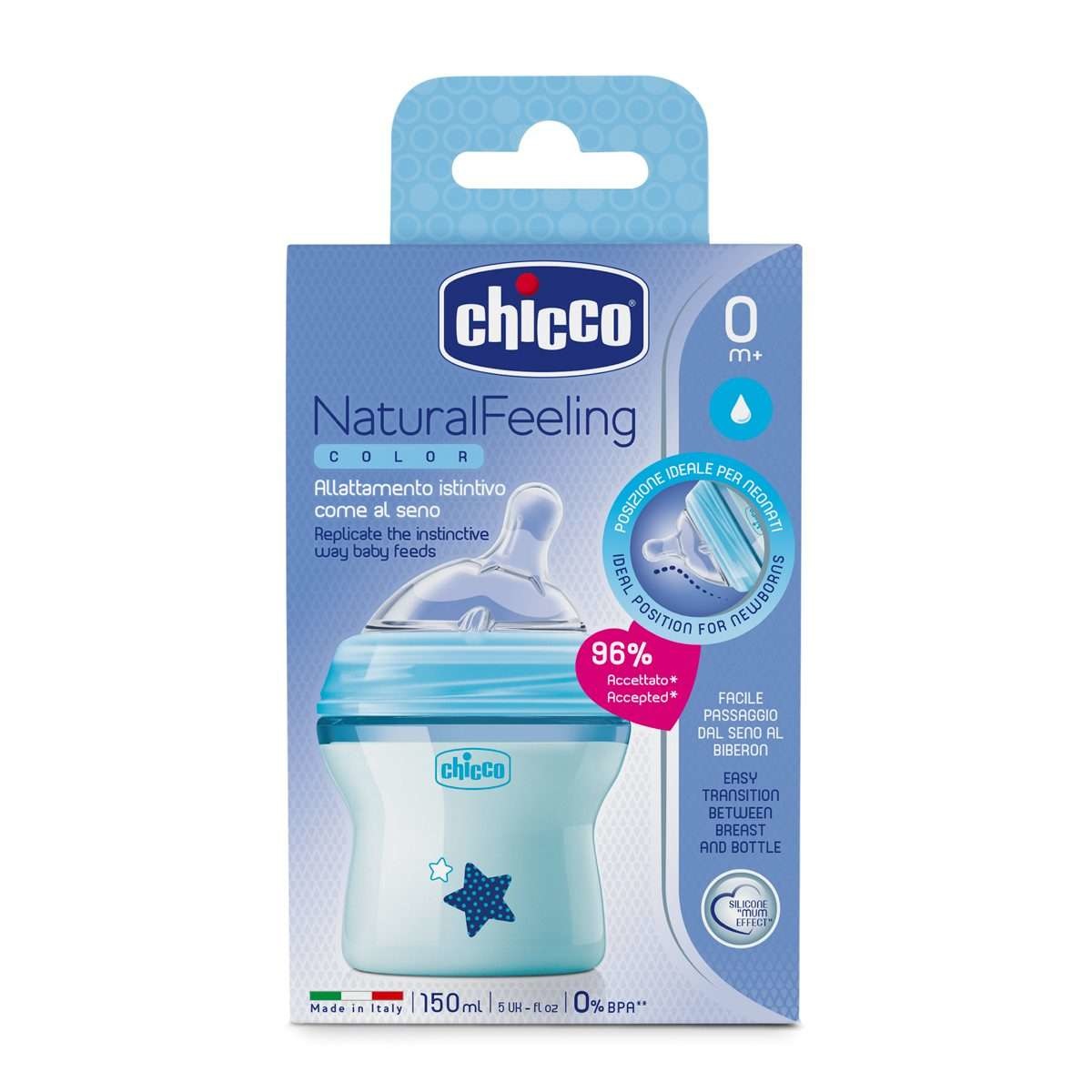 Chicco NaturalFeeling Biberon Anticolica 150 ml Celeste con Tettarella Morbida in Silicone, Effetto Mamma e Sistema Anticolica
