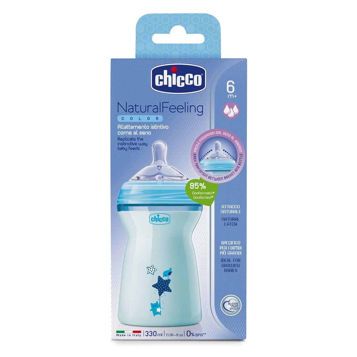 Chicco Biberon Natural Feeling 330 ml Azzurro, 6m , Tettarella Allungata e Doppia Valvola Anticolica