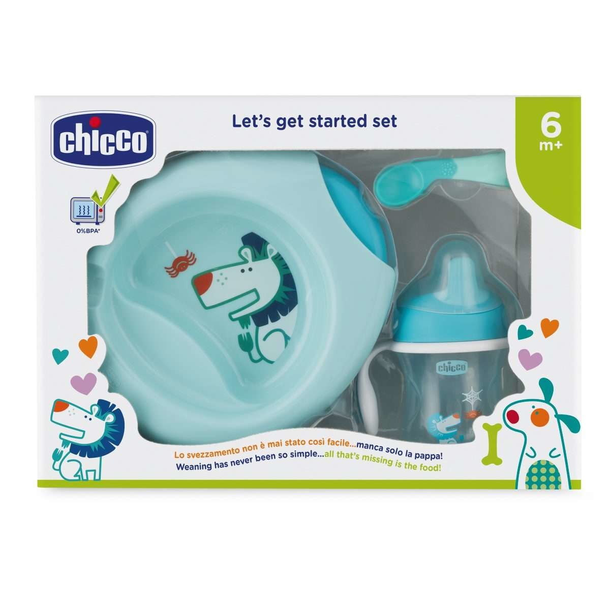 Chicco Set Pappa 6 Mesi Azzurro - Completo di Training Cup, Cucchiaio, Piatto Pappacaldo e Ciotola