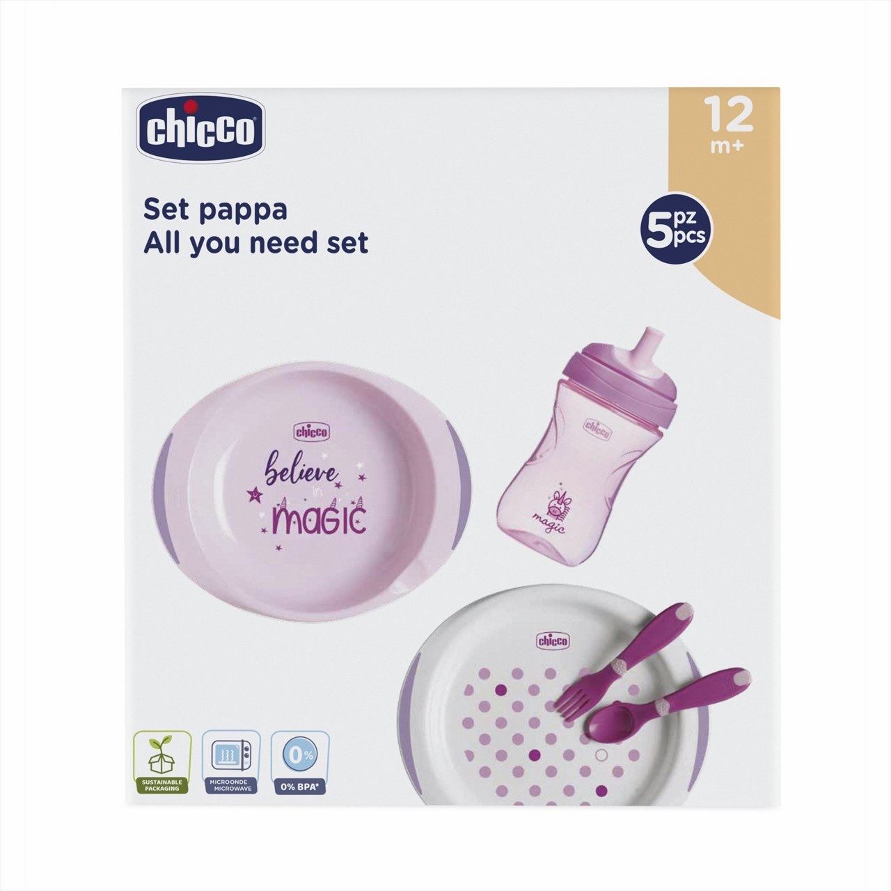Chicco Set Pappa 12M Rosa - Include Tazza, 2 Piatti e Posate per Svezzamento