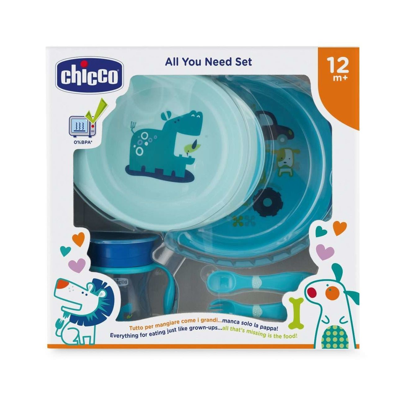 Chicco Set Pappa 12M Azzurro - Include Advanced Cup, Posatine e Piatti