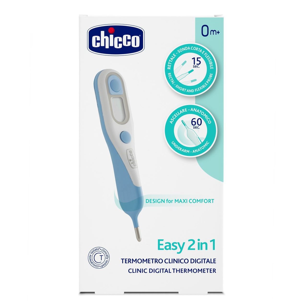 Chicco Termometro Digitale Easy 2 in 1 - Misurazione Rettale e Ascellare, Forma Anatomica, Sonda Flessibile