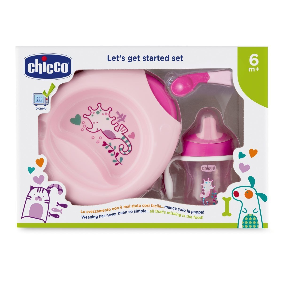 Chicco Set Pappa 6M Rosa con Training Cup, Cucchiaio e Piatti