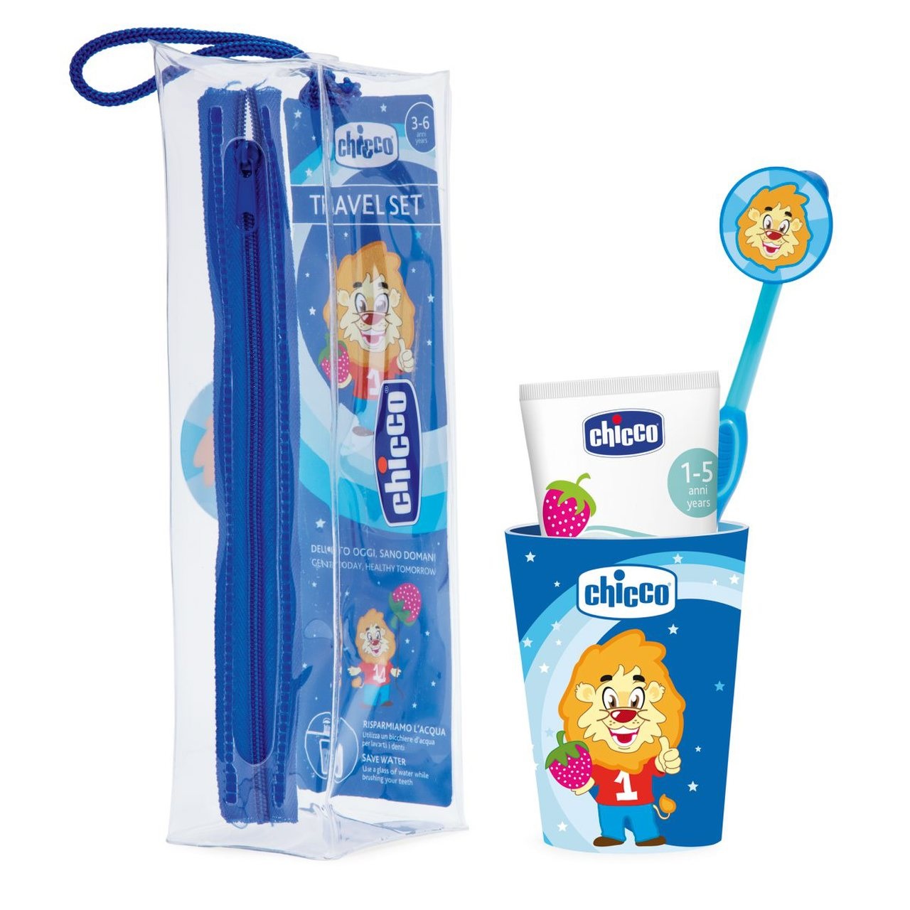 Chicco Set Igiene Orale Azzurro per Bambini 36M con Spazzolino, Pochette e Bicchiere