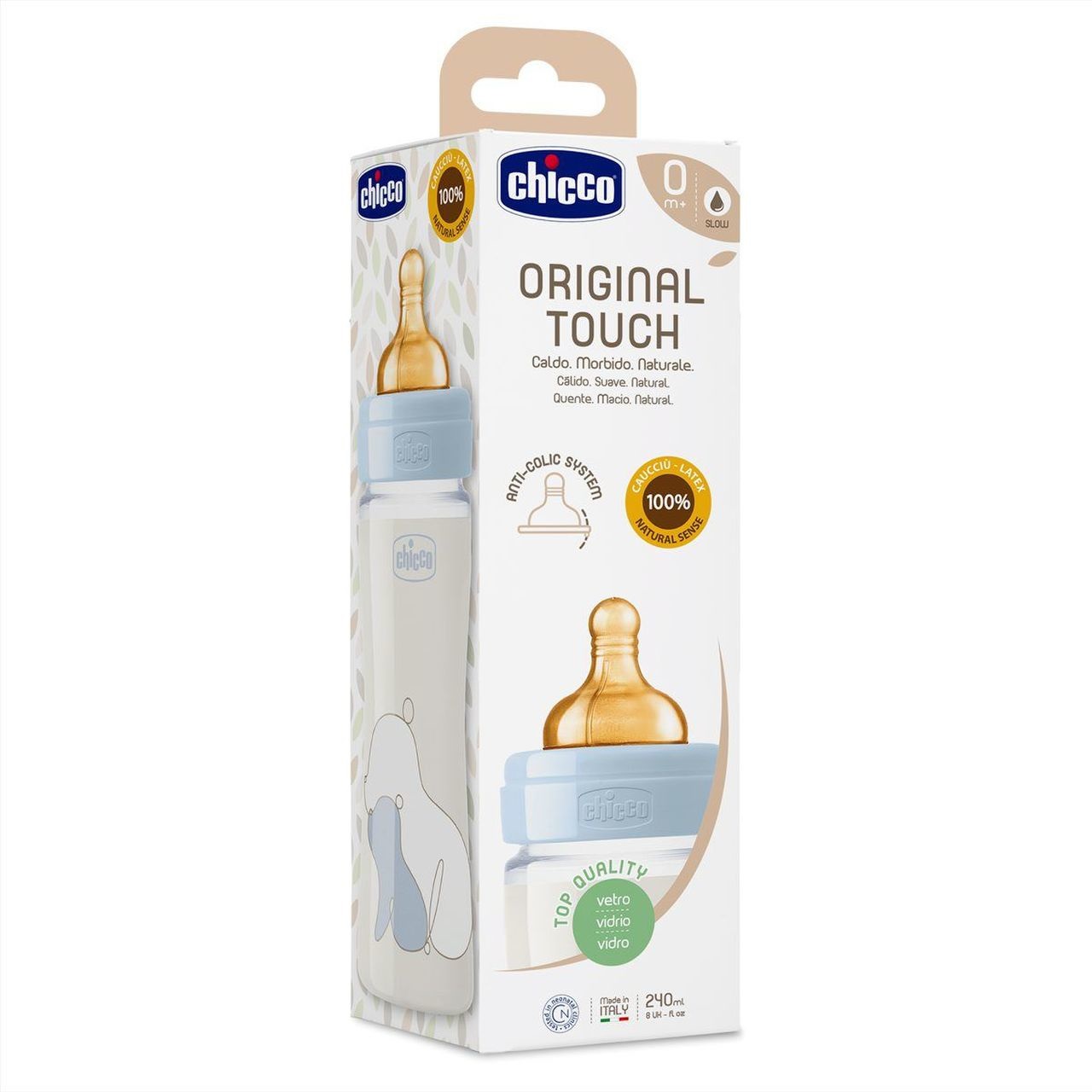 Chicco Original Touch Biberon in Vetro 240 ml con Tettarella in Caucciù Flusso Lento - Resistente e Sterilizzabile