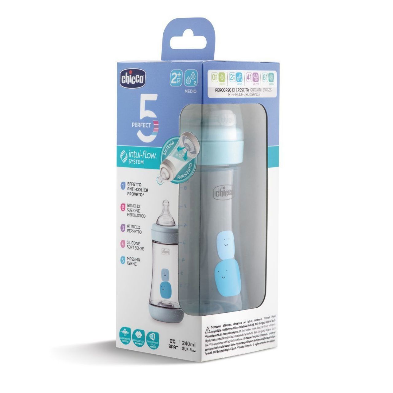 Chicco Perfect 5 Biberon 150 ml Azzurro in Silicone Flusso Lento - Biberon Biofunzionale Anticolica