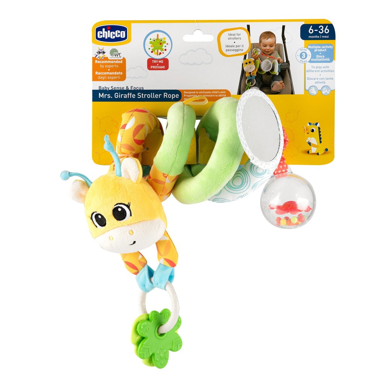 Chicco Fune Passeggio Mrs Giraffa - Giocattolo Colorato in Tessuto e Plastica per Bambini da 6 Mesi con Attività Manuali