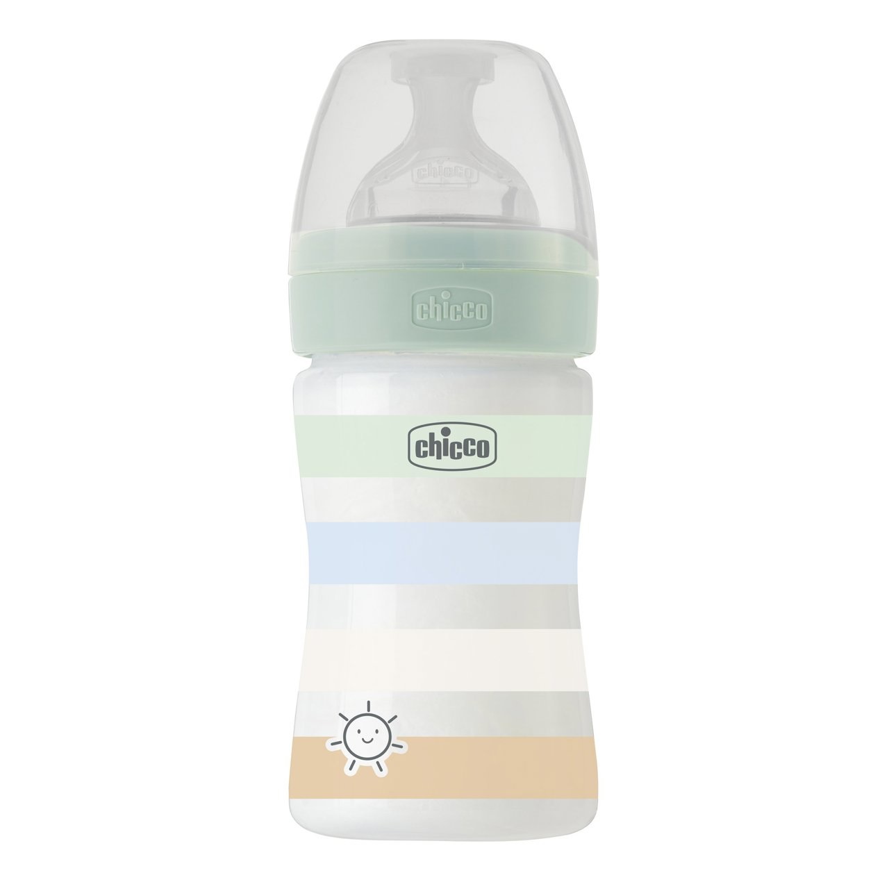Chicco Biberon Well-Being 150 ml Flusso Lento con Tettarella Physio Anticolica - Azzurro, Verde, Arancione, Blu, Bianco