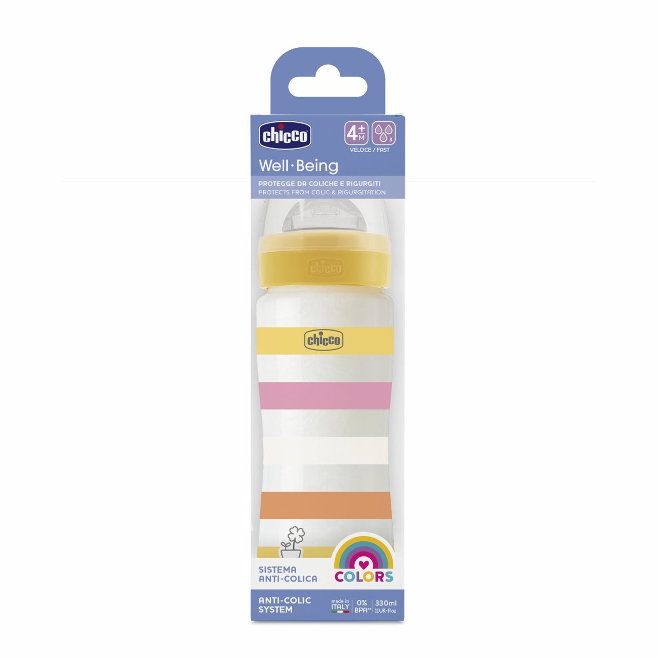 Chicco Biberon Benessere 330 ml Flusso Veloce con Tettarella Physio in Morbido Silicone, Anticolica, Giallo/Rosa