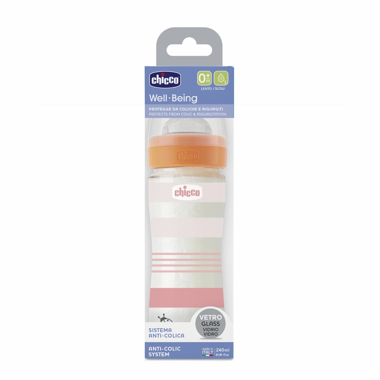 Chicco Biberon Benessere 240 ml Vetro Arancione Flusso Lento con Tettarella in Silicone e Valvola Anti-Colica