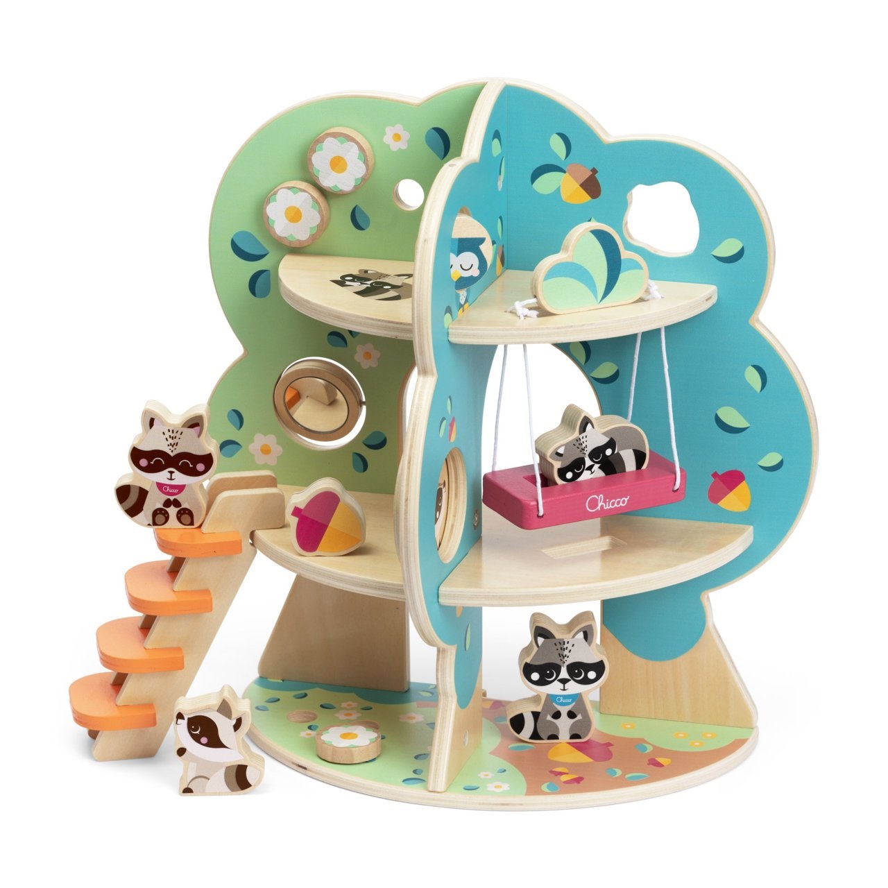 Chicco Il Grande Albero dei Procioni - Playset in Legno 34 cm con 4 Personaggi, Gioco Montessoriano per Bambini 2 Anni