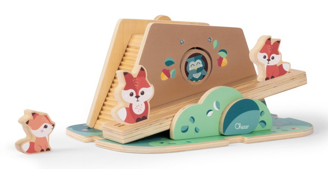 Chicco Tana delle Volpi - Gioco in Legno Montessori con 3 Personaggi, Attività di Coordinazione e Motricità per Bambini 2 Anni