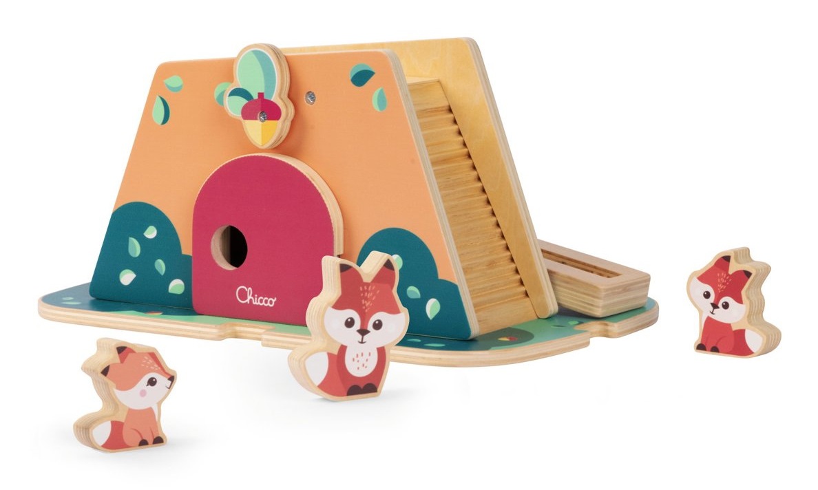 Chicco Tana delle Volpi - Gioco in Legno Montessori con 3 Personaggi, Attività di Coordinazione e Motricità per Bambini 2 Anni