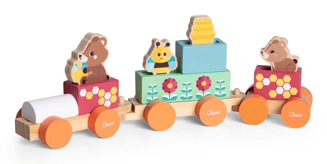 Chicco Trenino degli Orsetti in Legno - Gioco Montessori con 4 Personaggi, 5 Blocchi Colorati e 3 Vagoni per Bambini 24m